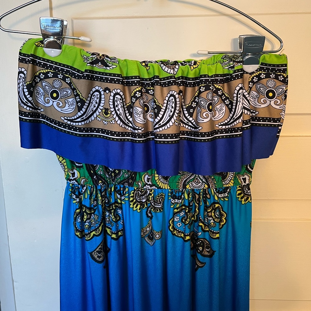 Strapless turquoise multi color maxi dress. Paisley ruffled top.